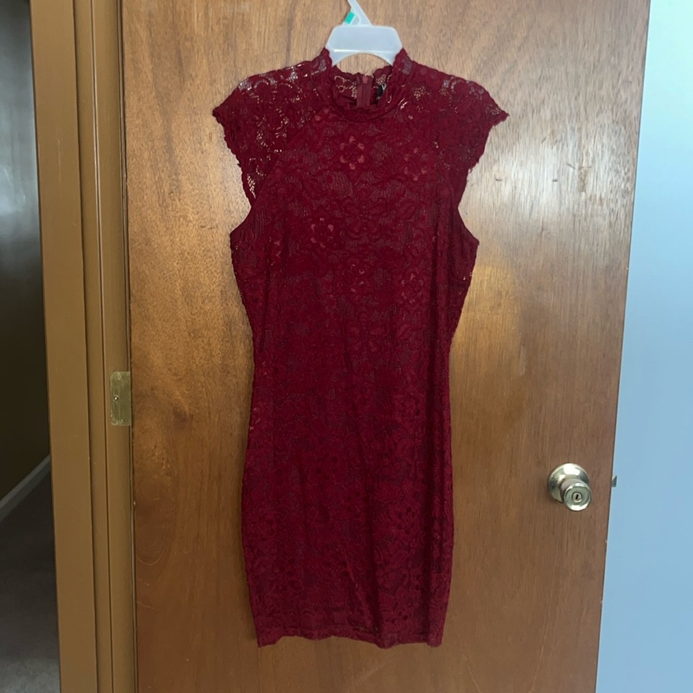 Windsor red lace, high neck midi dress